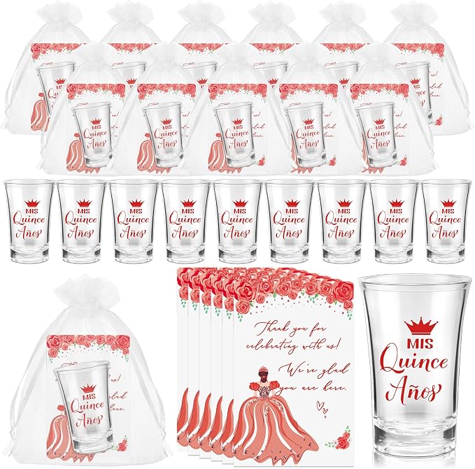 Havawish 50 Sets Quinceanera Party Favors for Guests Quinceanera Acrylic Clear Personalized Shot Glasses Thank You Cards with Organza Bags Mis Xv Años Sweet 15 Birthday Party Favors (Red)