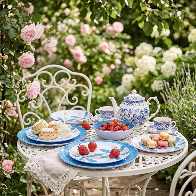 Melamine Dinnerware Set 12 Pieces Outdoor, Spring Party Blue | Flowers Pattern, Unbreakable Plates & Bowls, Dishwasher Safe, Lightweight, For Picnic Pool Party Camping