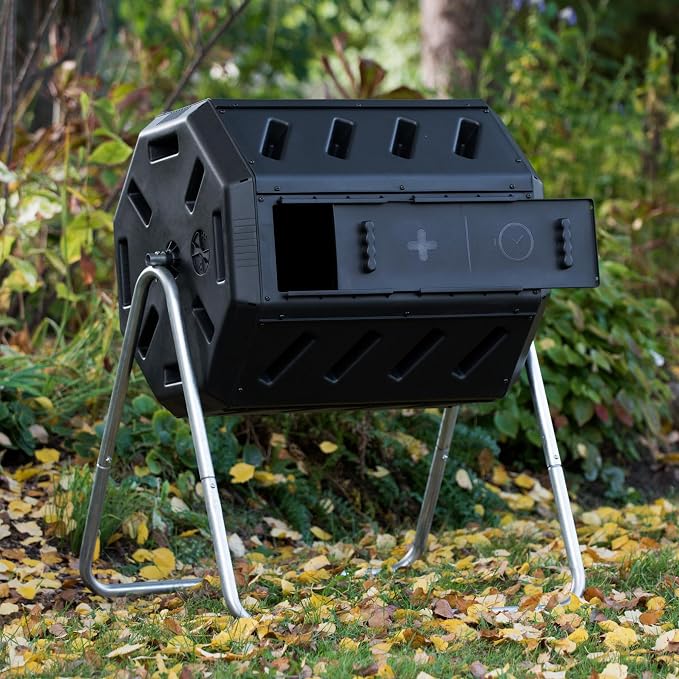 FCMP Outdoor Heavy Duty 37 Gallon 8 Sided Steel Portable Plastic Dual Chamber Tumbling Composter Outdoor Elevated Rotating Garden Compost Bin, Black | 8 Sided Portable Plastic Outdoor Elevated Rotating Garden Compost Bin, Black