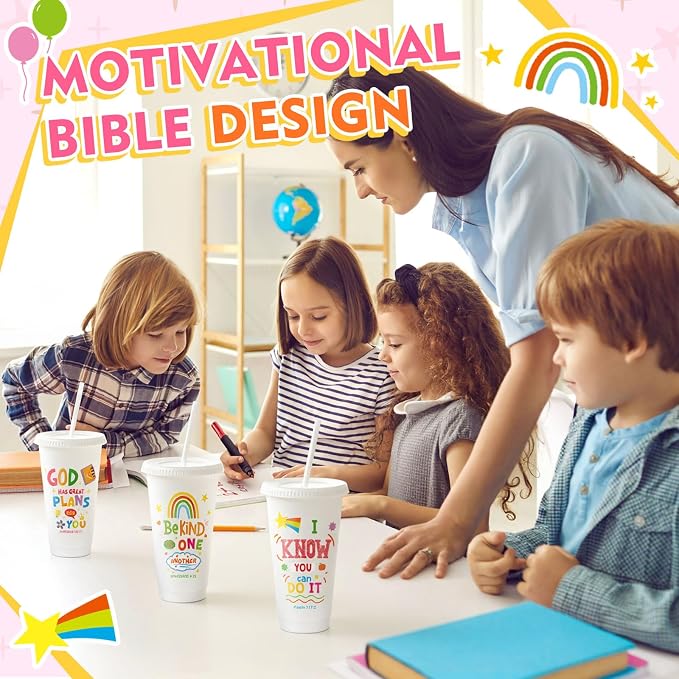 Uiifan 10 Pcs VBS Christian Tumblers with Straws for Kids, Bible Verse Cups for VBS, Sunday School, Church Party Favors and Faith Gifts, Reusable Plastic Tumblers with Lids, 24 oz, White