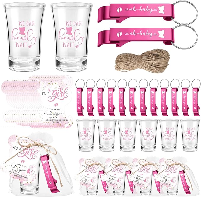 50 Sets Baby Shower Favor for Guests Acrylic Shot Glasses with Bottle Opener Keychains Thank You Tags and Bags Gender Reveal Party Favors for Guest Baby Shower Return Gift(Bear Girl)