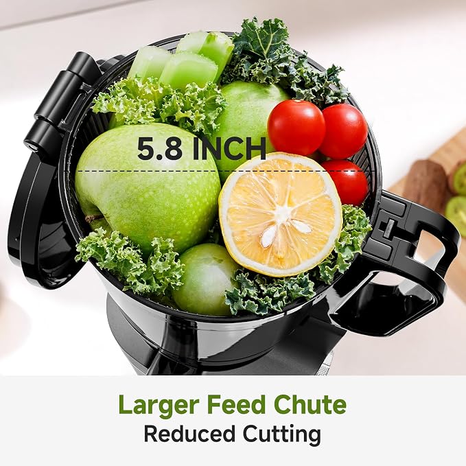 AMZCHEF Cold Press Juicer Machine, 5.8" Wide Chute for Whole Fruits & Vegetables, Self-Feeding Slow Masticating Juicer, 3-in-1 for Juice, Nut Milk & Sorbet, Triple Filtration, Easy Clean