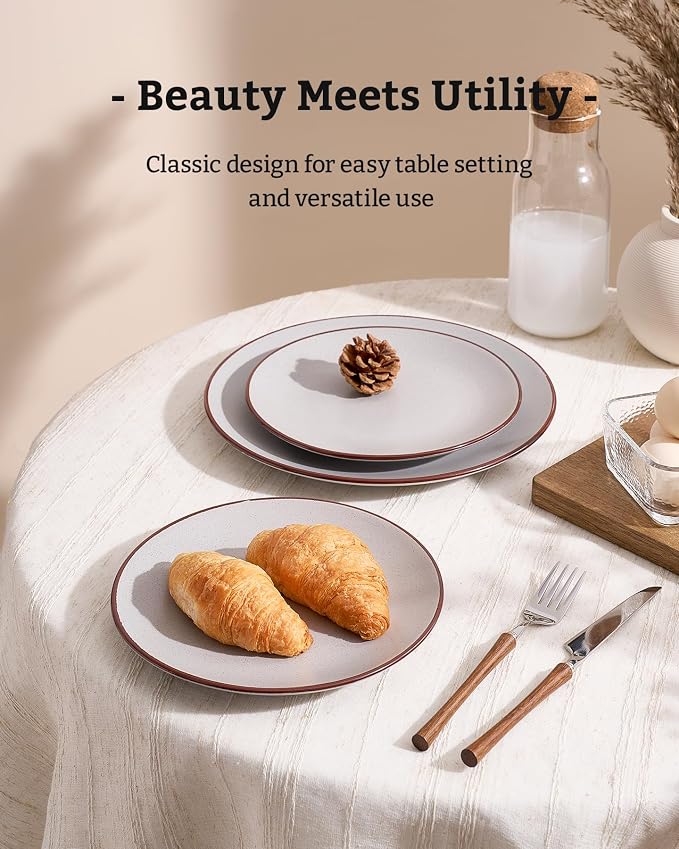 Famiware Venus Plates and Bowls Sets with Trim, 24 Pieces Speckled Stoneware Dinnerware Set for 8, Matte Light Gray - Microwave & Dishwasher Safe, Modern Minimalist, Dishes for Everyday & Formal Use