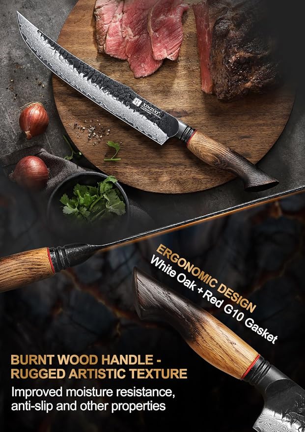 XINZUO 10 Inch Brisket Carving Knife，67-Layer Damascus Steel，Razor Sharp Curved Butcher Breaking Knives For Meat Cutting With White Oak + Red G10 Gasket Handle