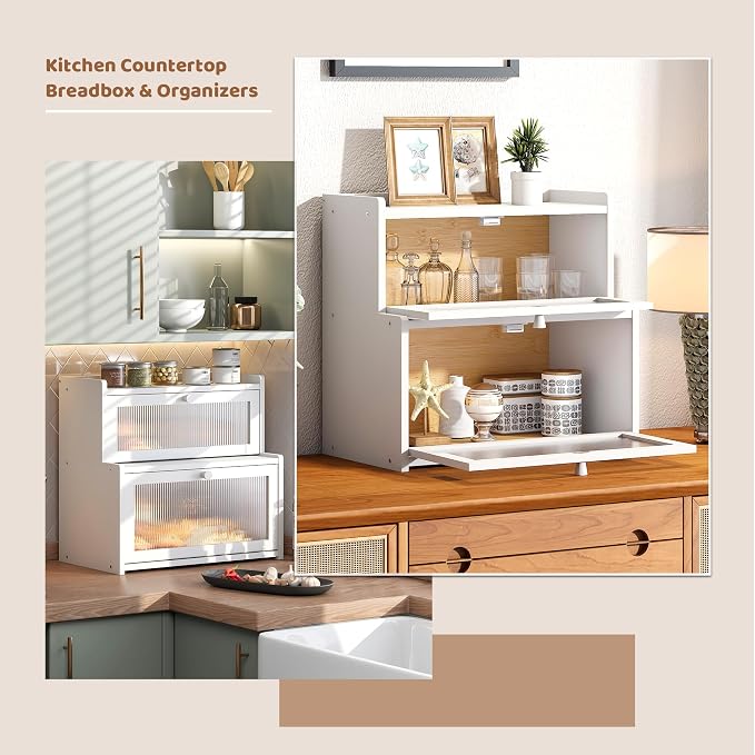 Bread Box for Kitchen Countertop Double Layer Large Corner Bread Box Capacity Bread Storage Bin Farmhouse Breadbox Container Organizer Cabinet Cupboard (White)