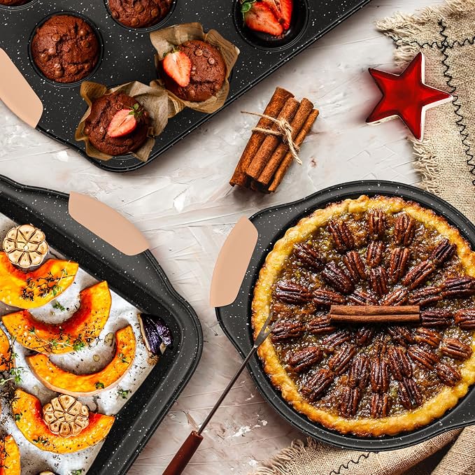 11-Piece Baking Pans Set, Nonstick Bakeware Sets, Oven Pans for Baking with Silicone Handles, Includes Cookie Sheet, Cake Pans, Loaf Pan, Pizza Pan, Muffin Pan, Khaki&Black