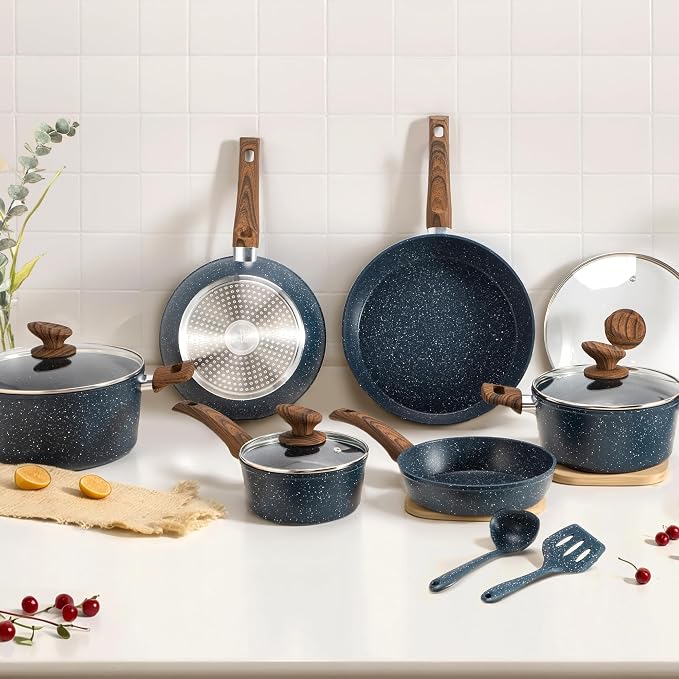 DisDelight Induction Pots and Pans Set Non Stick, Nonstick Granite Kitchen Cookware Sets, Blue Cooking Pans, PFOA & PFOS Free