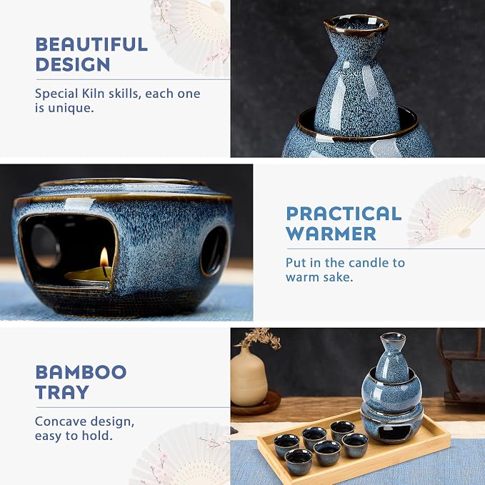 DUJUST 10 pcs Japanese Sake Set with Warmer for 6, Kiln Altered Glaze Porcelain Sake Set, 6 Sake Cups, 1 Sake Bottle, 1 Warmer, 1 Candle Stove, 1 Tray & 1 Box, Warm Sake Carafe, Japanese Gifts - Blue
