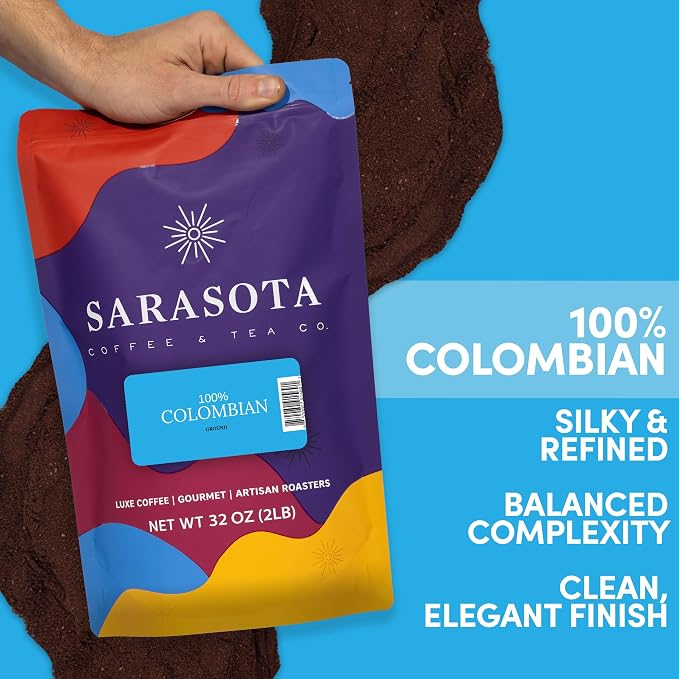 2 lb Ground Coffee, Colombia 100% Colombian Excelso, Medium Roast, Low Acid Coffee Grounds, Specialty Grade, Mold Free, 32 oz