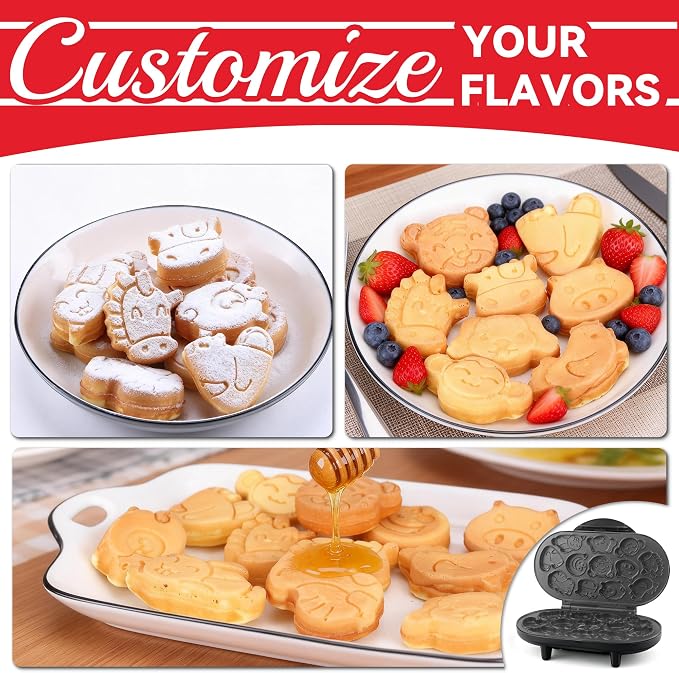 SugarWhisk Animal Mini Waffle Maker for Kids, Mini Pancakes Maker Machine with 12 Different Animal Pancake Molds, Small Waffle Maker Iron, Excellent Christmas Gift for Kids & Adult, Graphite