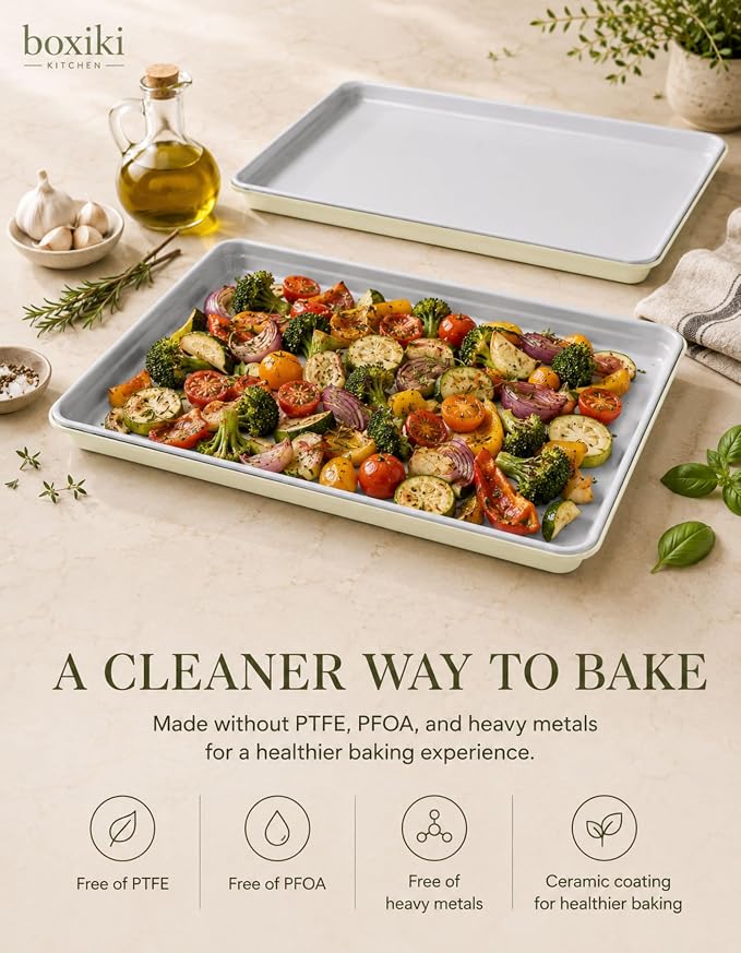 Boxiki Kitchen Ceramic Baking Sheet Half Size 17"x11" - Heavy Duty 0.6mm Aluminized Steel Pan, KFCC Ceramic Nonstick Cookie Sheet, Oven Safe to 550°F, Rustproof & Warp Resistant Baking Tray (2PCS)
