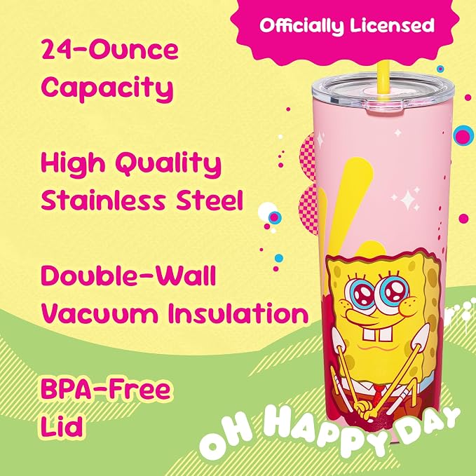 Dragon Glassware x SpongeBob SquarePants Tumbler with Straw, 24 oz - Pink | Vacuum Insulated Stainless Steel Tumbler with Straw & Lid; Double Walled Tumbler with Straw; SpongeBob SquarePants Cup