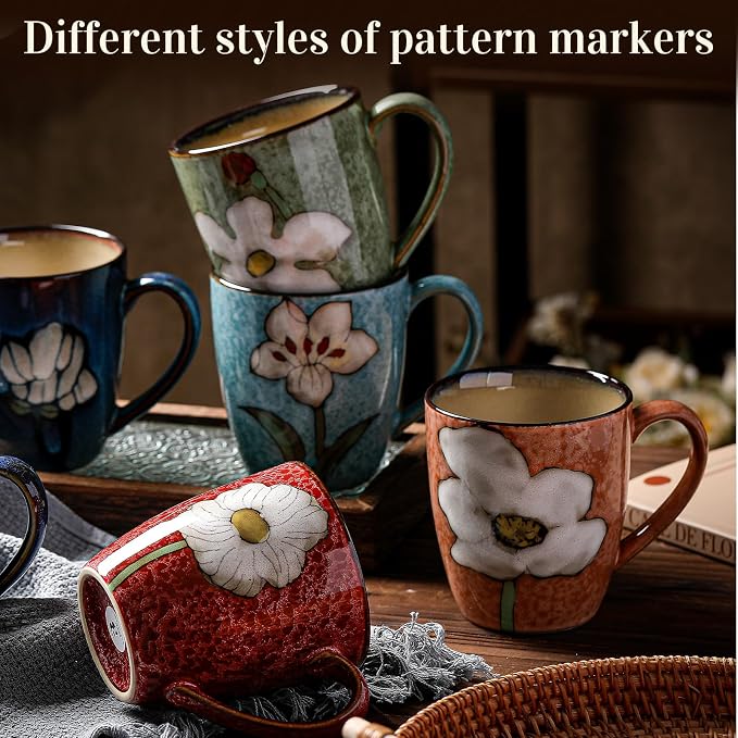 Maxdot 4 Pcs 12oz Ceramic Coffee Mugs Sets Glazing Process Cappuccino Mug Floral Ceramic Tea Cups Idea Gift Set for Women Porcelain Cup for Coffee, Cocoa, Tea, Latte (Retro) (Classic)