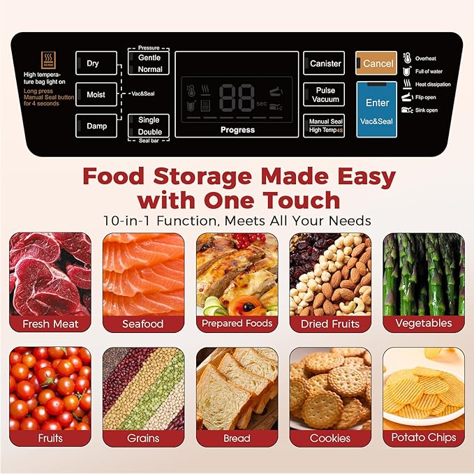 Vacuum Sealer Machine with 95KPa Suction – Full Automatic Commercial Grade Sealer for Wet/Dry Food, Built-in Cutter, Complete Kit with 1 Roll & 10 Bags – 230W Double Seal Strip