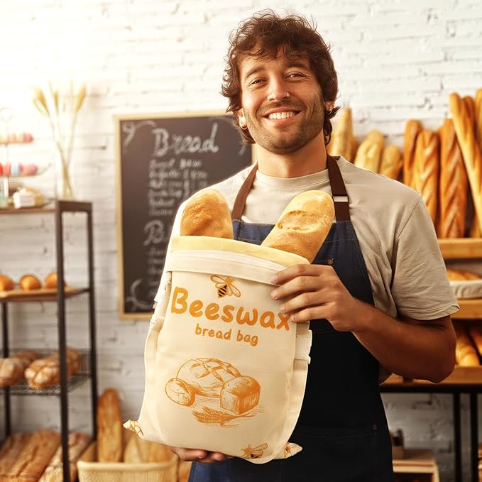 Reusable Beeswax Bread Bags for Sourdough – XXL Large Bread Storage Bag with L-Shape Wide Zipper & Detachable Shoulder Strap, Set of 2 + Cotton Linen Bowl Cover for Homemade Bread