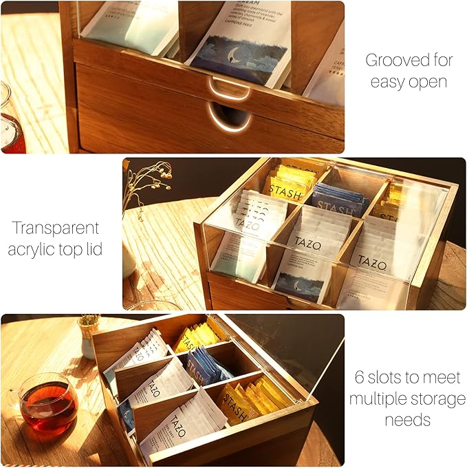 HTB Large Tea Organizer 2 Tier with Drawer, Tea Bag Organizer with Acrylic Transparent Hinged Lid, 9 Compartments Wooden Tea Bag Holder for Home, Office, Tea Parties