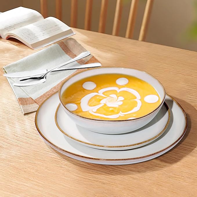 Herogo 24Pcs Plates and Bowls Dinner Set, Stoneware Dinnerware Dishes Sets for 6, Ceramic Dishware Tableware Includes Dinner Salad Plates, Soup Bowls, Microwave & Dishwasher Safe, Pearl White