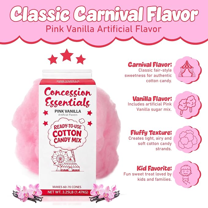 Perfectware -Concession Essentials Pink Vanilla Cotton Candy Mix – Ready-to-Use Floss Sugar for Cotton Candy Machines – Makes 60–70 Cones – 3.25 lb Carton – Carnival Style Cotton Candy Sugar