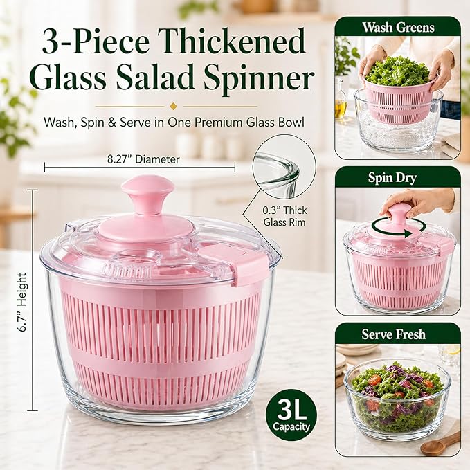 Good Grips 3.2 Qt Glass Salad Spinner Small Vegetable Dryer with Drain Microwave Safe Dishwasher Safe with Transparent Lid Crank Handle Quick Spin Greens Washer for Lettuce Herbs Fruits Pink