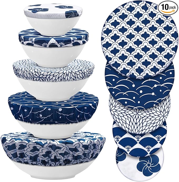 Patelai 10 Pcs Bowl Covers Reusable in 5 Size Stretch Cloth Fabric Elastic Food Storage Bowl Covers Bread Sourdough Lids for Proofing Food Fruits Leftover(Blue White,Japanese)