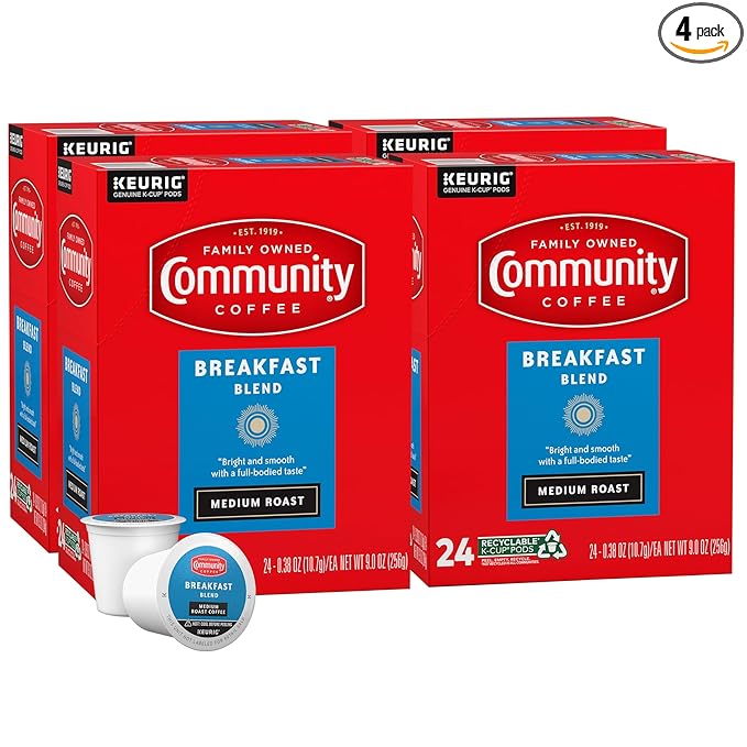 Community Coffee Breakfast Blend 96 Count Coffee Pods, Medium Roast, Compatible with Keurig 2.0 K-Cup Brewers, 24 Count (Pack of 4)