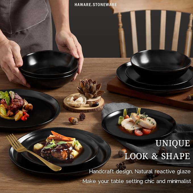 HaWare 12-Piece Stoneware Dinnerware Set for 4, Matte Black | Stoneware, Irregular Round, Scratch Resistant, Microwave &Dishwasher Safe