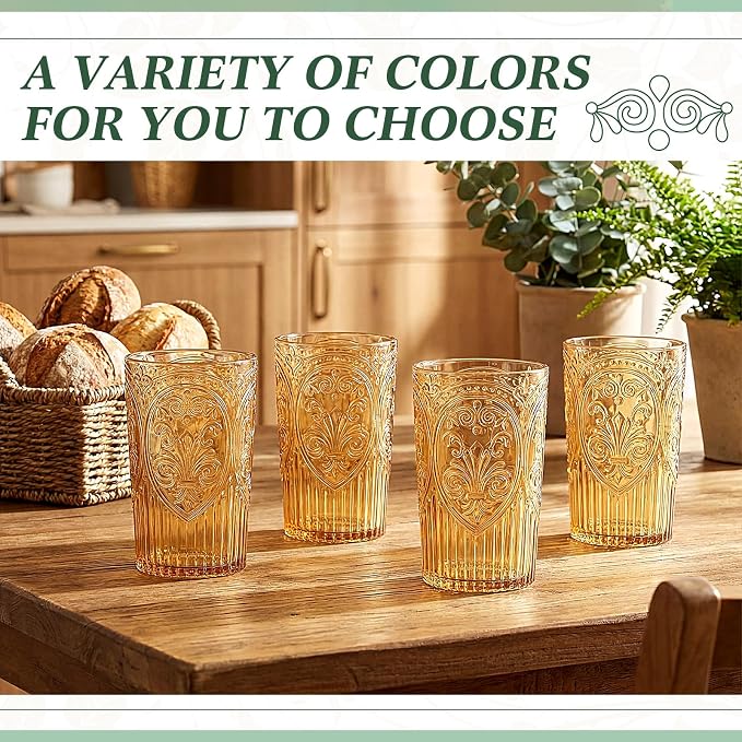 48 Pcs 16 oz Plastic Vintage Drinking Glasses Stemless Ribbed Highball Glasses Bulk Embossed Reusable Cup for Water Beer Cocktails Juice Wedding Bridal Shower Birthday Event Party (Amber)