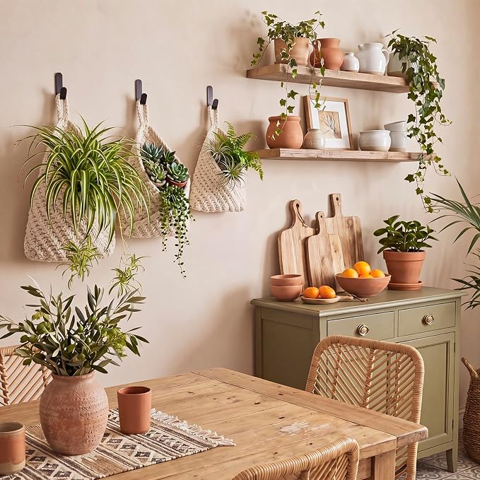 Honeydak Boho Decor Hanging Wall Baskets for Kitchen 3 Pack Teardrop Baskets with Hooks Storage Fruit Onion Vegetable Potato for Home 3 Sizes (White,Triangle,Cotton Rope)