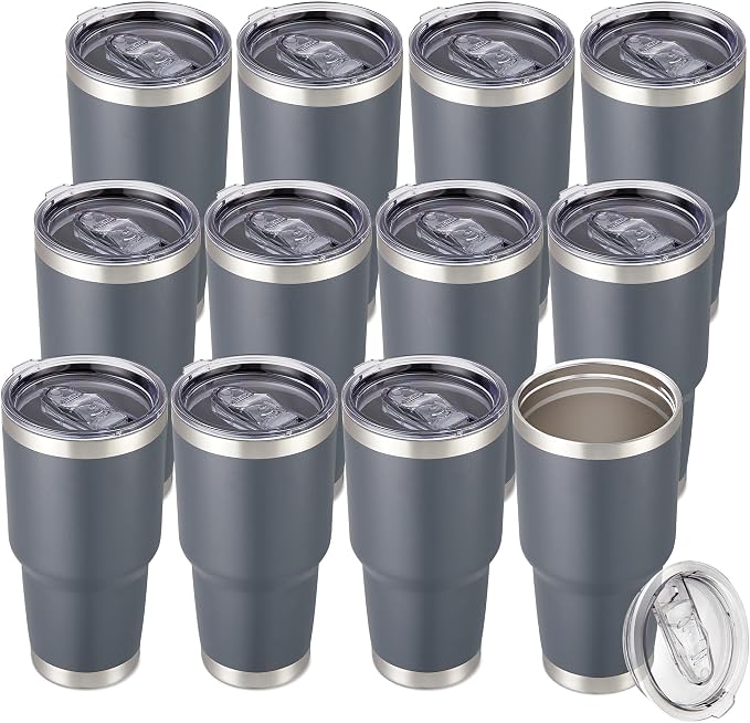 30 oz Tumbler with Lid Stainless Steel Tumblers Bulk Vacuum Insulated Cup Reusable Powder Coated Travel Mug Double Wall Leak Proof Cups Keep Cold Drinks for 12 Hours Grey, Set of 12