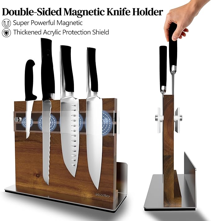 Brosisincorp Acacia Magnetic Knife Block Double-Sided for Kitchen Counter Top - Heavy Duty Base & Shatter-Resistant Acrylic Shield, Holds 10-12 Knives, Space Saving Organizer (No Knives Included)