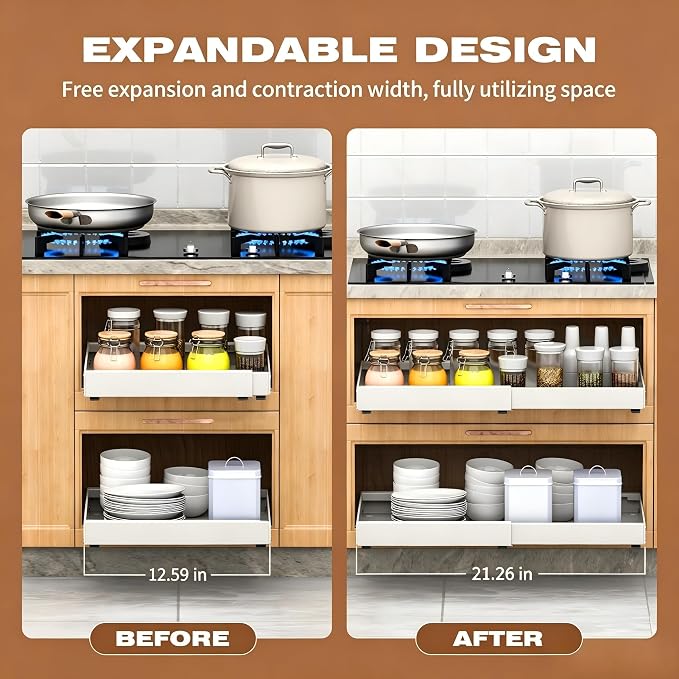 2 Pack Pull Out Cabinet Organizer Expandable,Adjustable 12-21 Inch Width Slide Out Drawer Shelves,Painted Carbon Steel with Heightening Pad,No Drill,for Kitchen/Bathroom/Pantry/Under Sink/Laundry Room