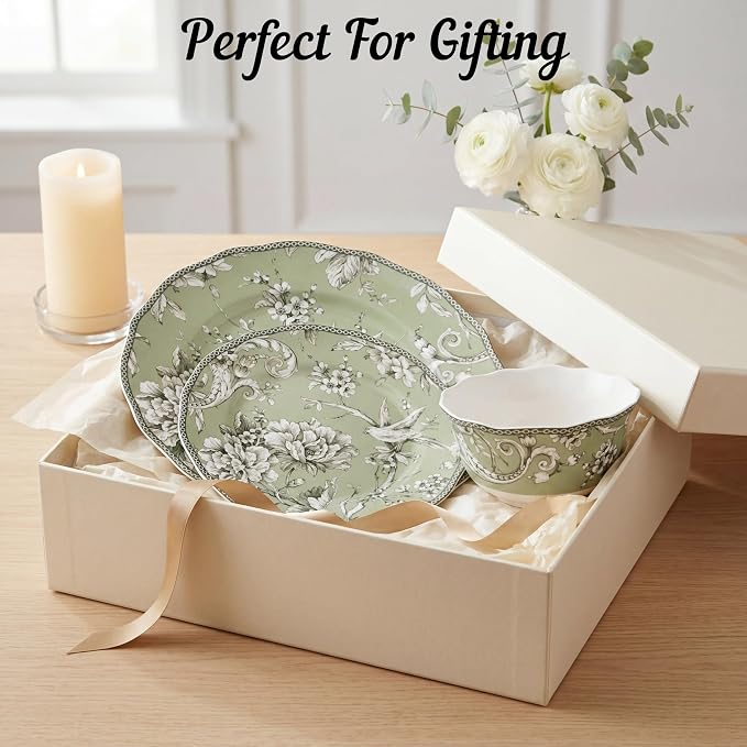 222 Fifth Adelaide Sage 12-Piece Green Porcelain Dinnerware Set – Service for 4, Big Dinner Plates and Bowls Sets, Green with White Floral Pattern, for Daily Entertainment, Microwave & Dishwasher Safe