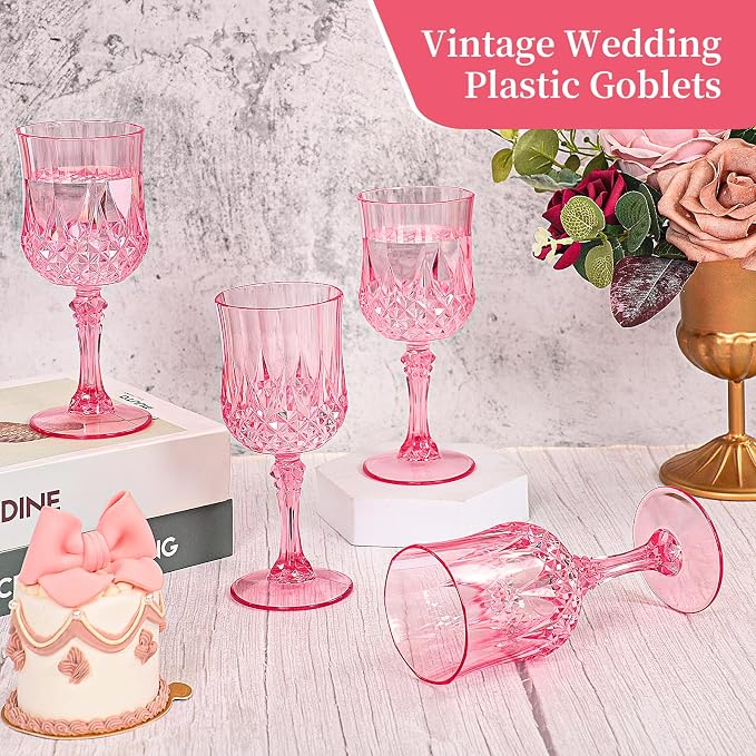 24 Pack Pink Plastic Wine Glasses, Vintage Plastic Goblets for Parties, Drinking Glasses Unbreakable Glassware Crystal Water Goblets Reusable Drinkware for Wedding Reception Grand Event Party