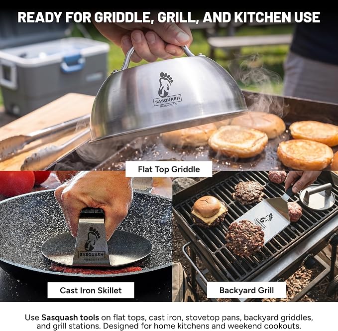 Sasquash Burger Press Kit, 5 Piece Smash Burger Set, Smash Burger Press, Spatula, Melting Dome and 2 Squirt Bottles for Griddle and Grill, Stainless Steel, Kitchen Gadgets, Grilling Accessories