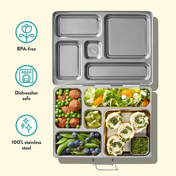PlanetBox Rover Stainless Steel Bento Box Style Lunch Box Kit for Youth with 5 Compartments – Monster Beats Edition includes Insulated Lunch Bag, Leakproof Food Containers & Matching Magnets