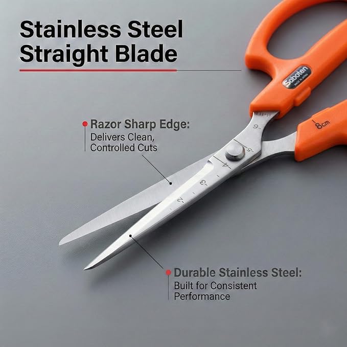 Saboten Stainless Steel Straight Blade Trimming Scissors Orange PT-12 160mm Precision Gardening Bonsai and Floral Shears Made in Japan