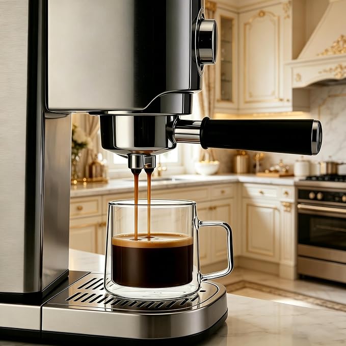 CNGLASS 10oz Glass Coffee Mugs,Double Wall Insulated Glass Mugs with Handle,Clear Espresso Mug for Latte,Cappuccino,Tea Bag,Set of 4
