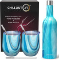 CHILLOUT LIFE 12 oz Stainless Steel Wine Tumblers 2 Pack & 1 Insulated Wine Bottle - Double Wall Vacuum Insulated Wine Glasses Cups with Lids and Straws Set Keeping Cold & Hot Gift Set