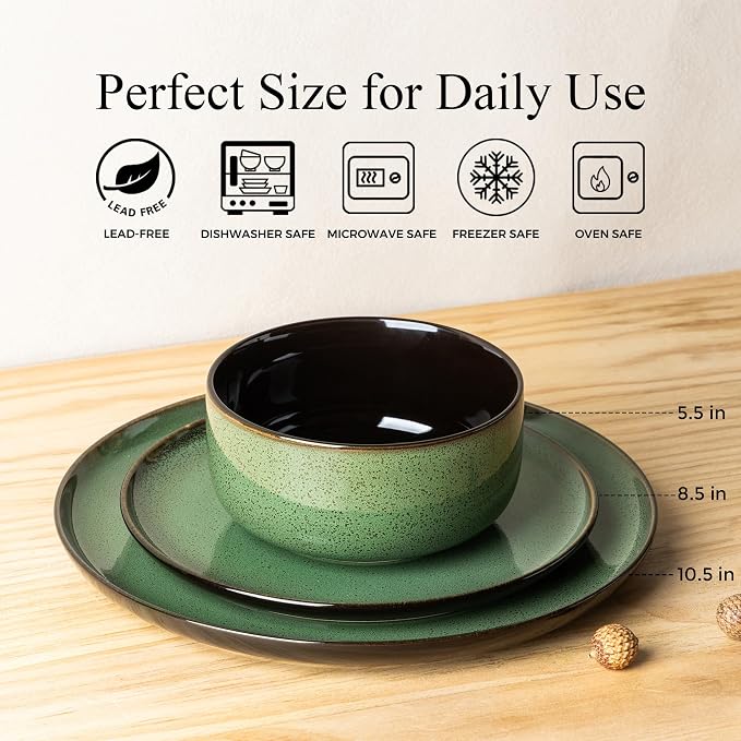 LeRatio Ceramic Dinnerware Sets for 6,Porcelain Plates and Bowls Sets,Handmade Reactive Glaze Dishes Set,Chip Resistant and Scratch Resistant | Oven&Dishwasher & Microwave Safe-Green(18PCS)