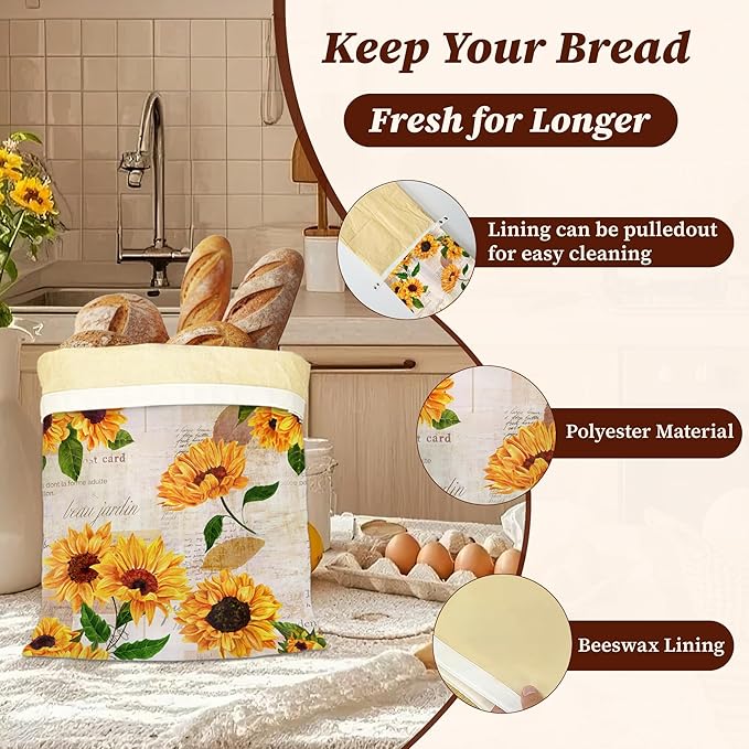Bread Bags for Homemade Bread, Vintage Sunflower Yellow Flower 2 Pack Linen and Beeswax Sourdough Storage Bags, Reusable Keeper, Keeps Breads Fresh Longer, Gifts for Bakers