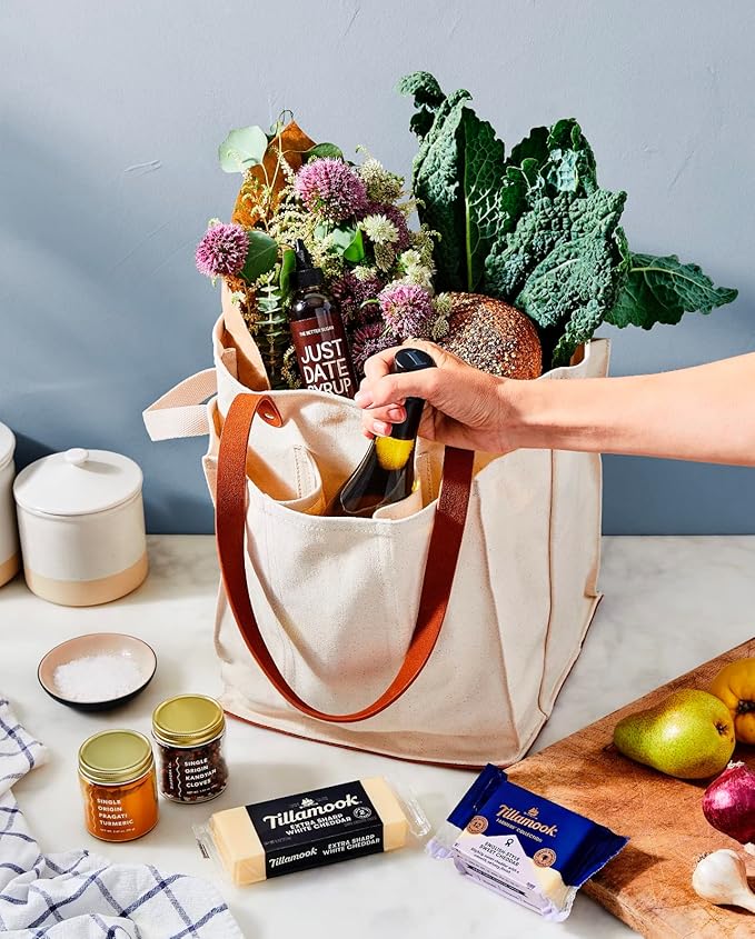 CapaBunga Farmer's Market Tote Shopping Bags with Handles - 7 Pocket Large Utility Tote Bag - Heavy Duty Canvas Utility Bag with Vegan Leather Base - Reusable Tote Bag - Natural Grocery Bag