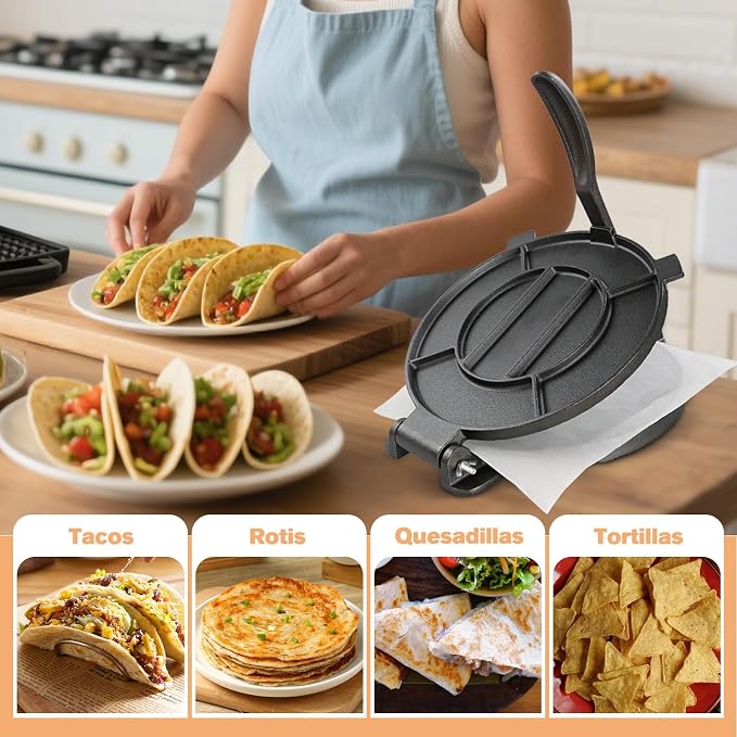 Cast Iron Tortilla Press 10 inch, Heavy Duty Tortilla Pataconera, Flour Tortilla Press with Foldable Handle, Taco press with Some Parchment Paper, Roti Maker, Black