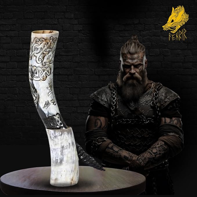 FENRIR Viking Drinking Horns With Stand Leather Hoster | Thor Bottle Opener | Norse Medieval Authentic Ox Horn for Ale, Mead, Whiskey | Unique Gifts for Men | 16-20 oz Triple Horn of Odin