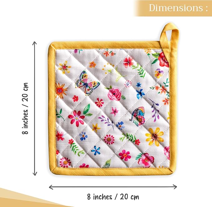 Maison d' Hermine Pot Holders 100% Cotton Heat Resistant Potholders 8" x 8" Hot Pads with Loop BBQ Baking Gifts for Mothers Day Handling Hot Pans Spring/Summer (Pack of 1, Happy Florals - Sweety)