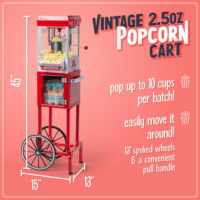 Nostalgia Popcorn Maker Machine - Professional Cart With 2.5 Oz Kettle Makes Up to 10 Cups - Vintage Popcorn Machine Movie Theater Style - Red & White