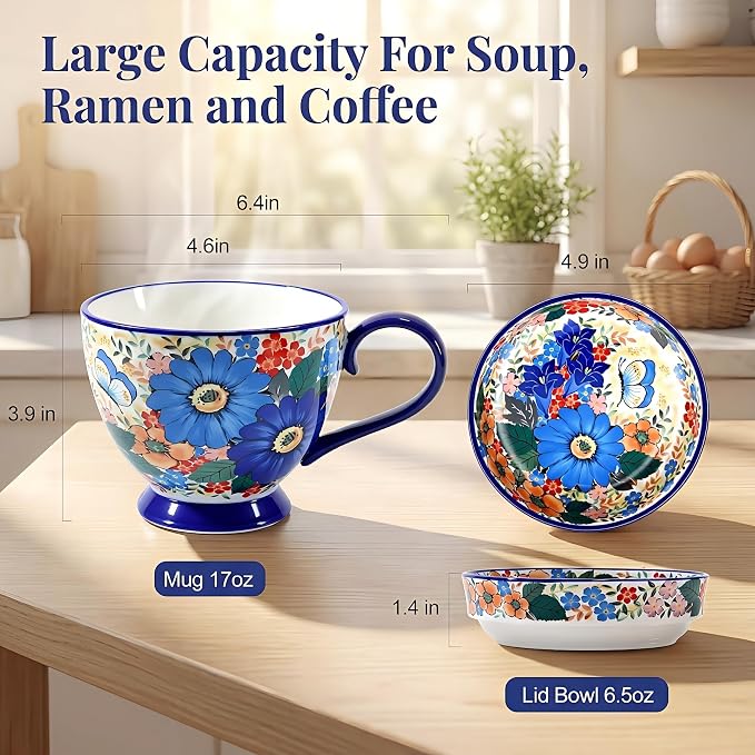 Hand-Painted Ceramic Soup Bowl with Handle & Lid, Large Coffee Mug | 17oz Polish Pottery Decorative Tea Cup & Saucer, Microwave Safe Cereal Bowl for Oatmeal, Ice Cream, Snacks, Gifts for Women
