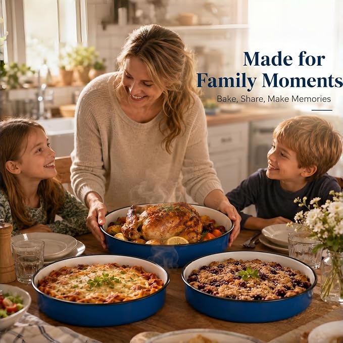 3-Pack Enamel Roasting & Baking Pan Set 10/12/14 Inch Round Cake Pans, High Temperature Resistant Baking Dishes for Turkey Pizza Casseroles Oven Bakeware PFOA & PTFE Free Ideal Gift for Mom - CookWare