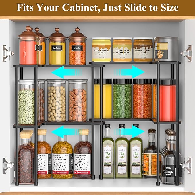 Spicy Rack Pro – Expandable 10"-18.9" Spice Rack for Cabinet, 2-Tier Wood & Metal Shelf, Heavy Duty, High Space for Large Bottles, Easy 3-Min Install, Stackable or Side-by-Side
