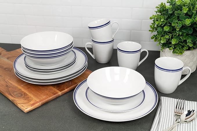 10 Strawberry Street Café Stripe 16 Piece Coupe Dinnerware Set, Blue