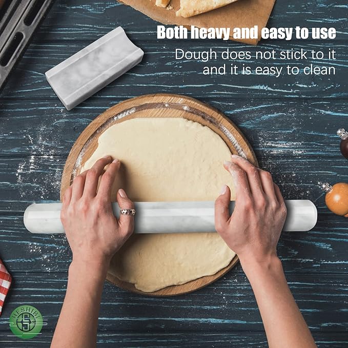 Marble Rolling Pin with Stand, 15.7" White Stone French Heavy Polished Non Stick Cookie Pizza Pastry Dough Baker Roller for Kitchen Baking